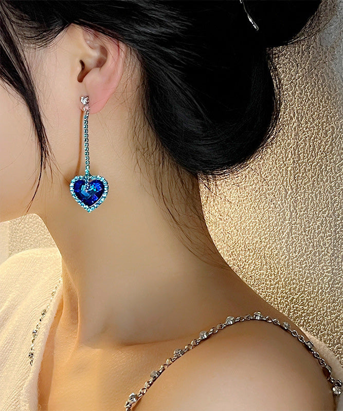 Original Design Blue Sterling Silver Zircon Floral Love Drop Earrings