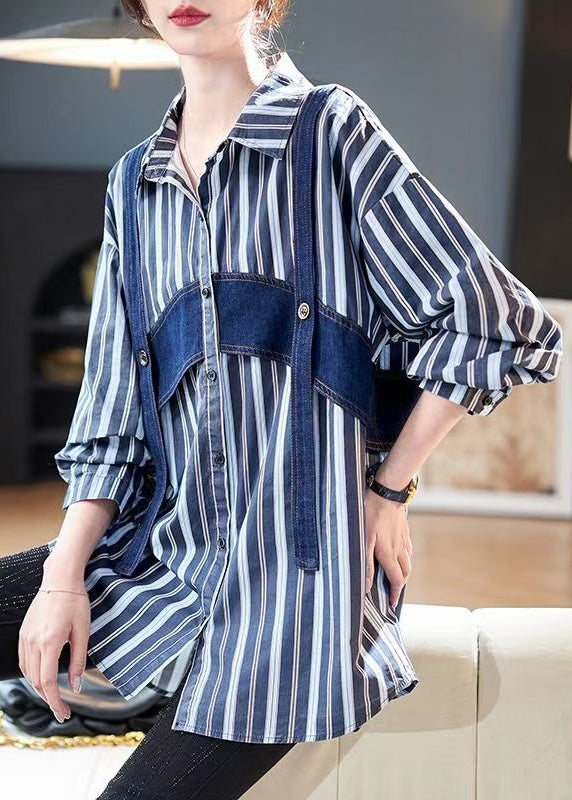 Original Design Blue Striped Patchwork Cotton Shirts Spring