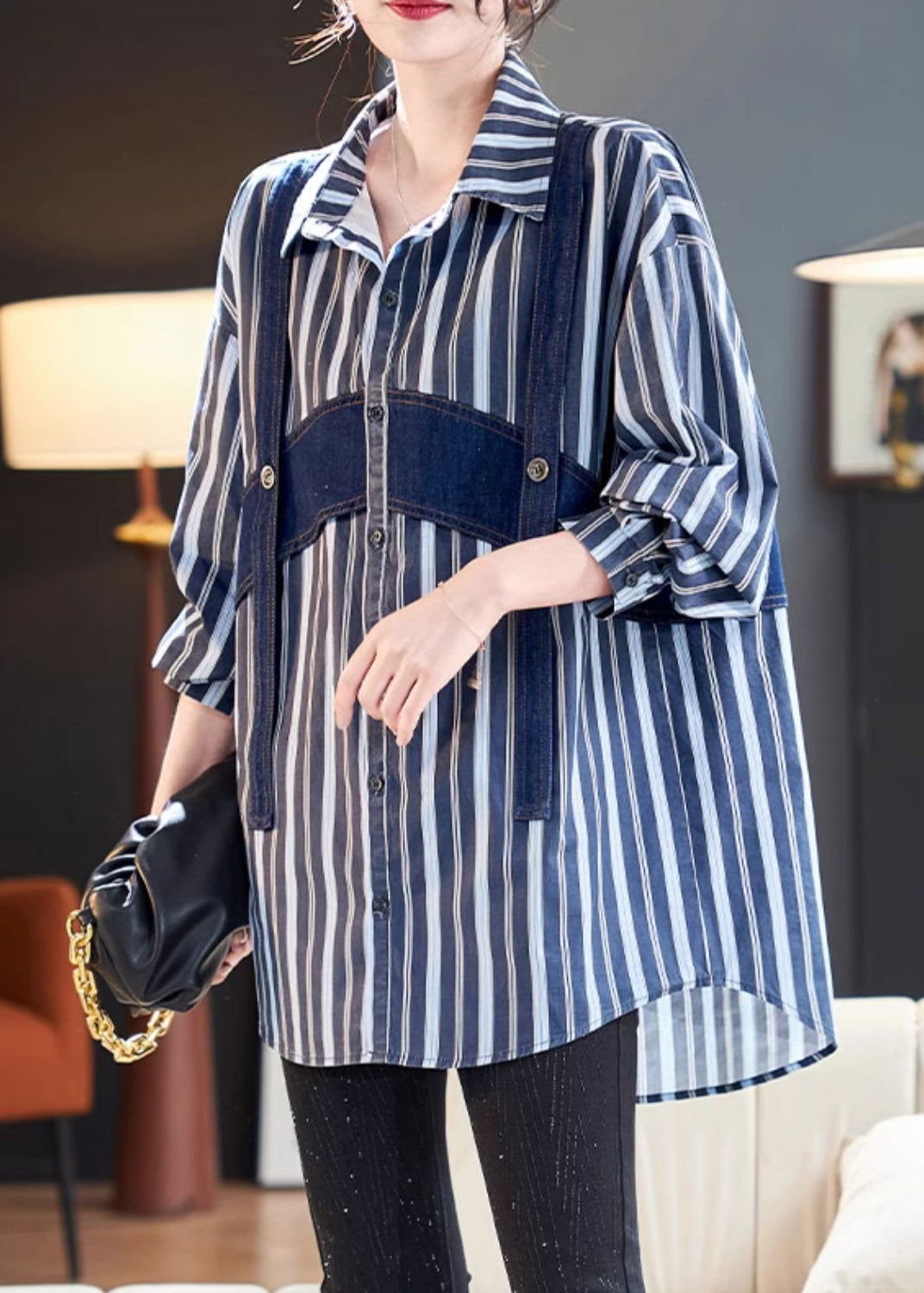 Original Design Blue Striped Patchwork Cotton Shirts Spring