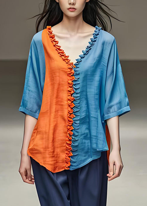 Original Design Colorblock Ruffled Patchwork Cotton Top Summer