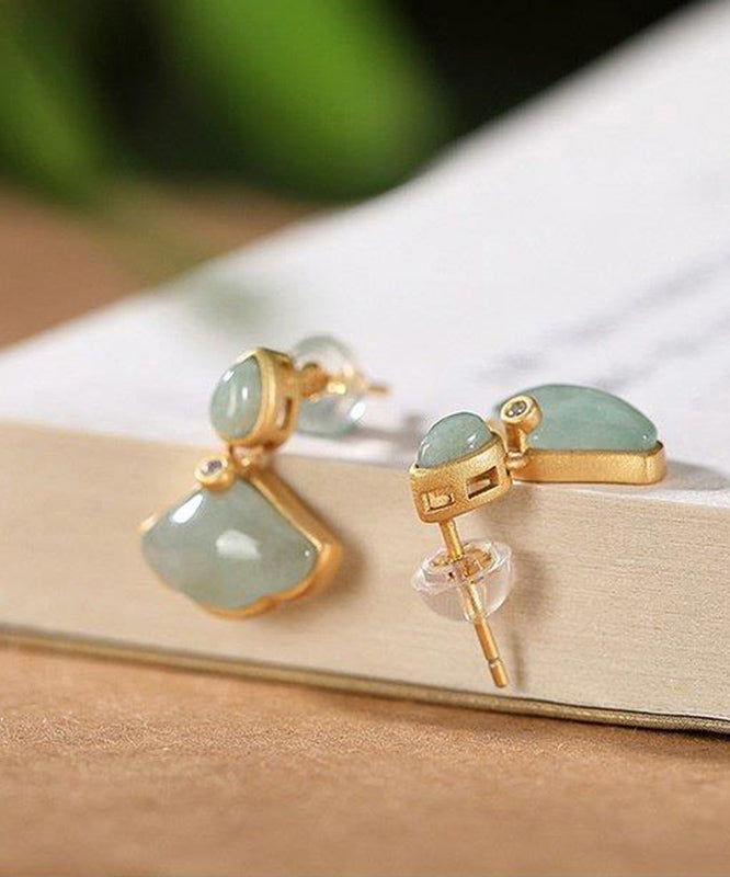 Original Design Cyan Sterling Silver Overgild Zircon Jade Ginkgo Leaf Stud Earrings