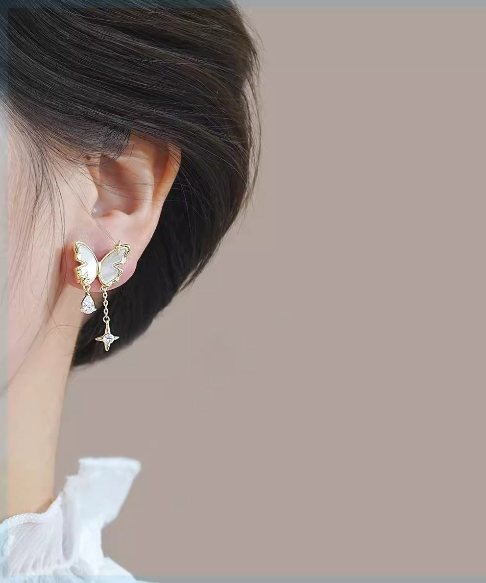 Original Design Gold Alloy Pearl Butterfly Star Tassel Drop Earrings