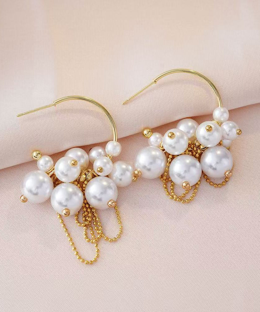 Original Design Gold Copper Alloy Pearl Tassel Hoop Earrings