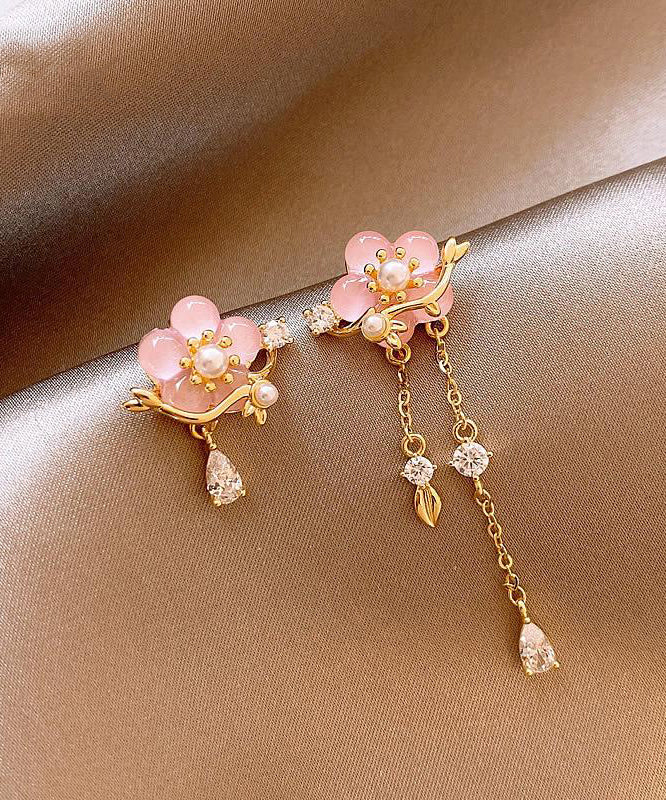 Original Design Gold Copper Alloy Zircon Pearl Resin Asymmetrical Floral Drop Earrings