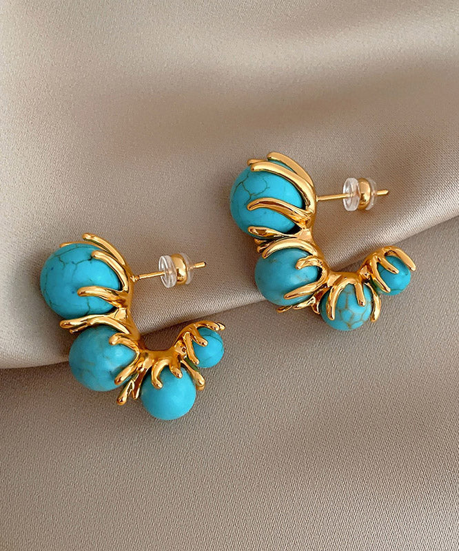 Original Design Gold Copper Turquoise Beading Hoop Earrings