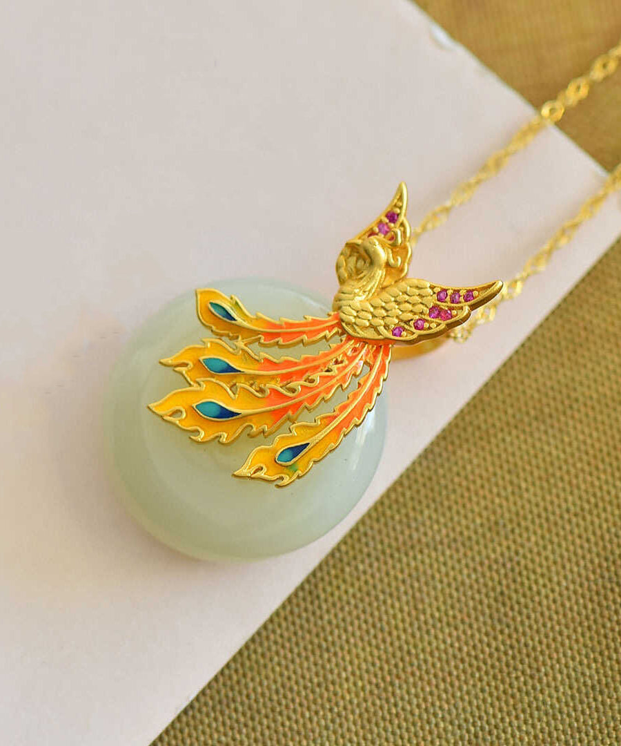 Original Design Gold Sterling Silver Overgild Inlaid Jade Phoenix Pendant Necklace