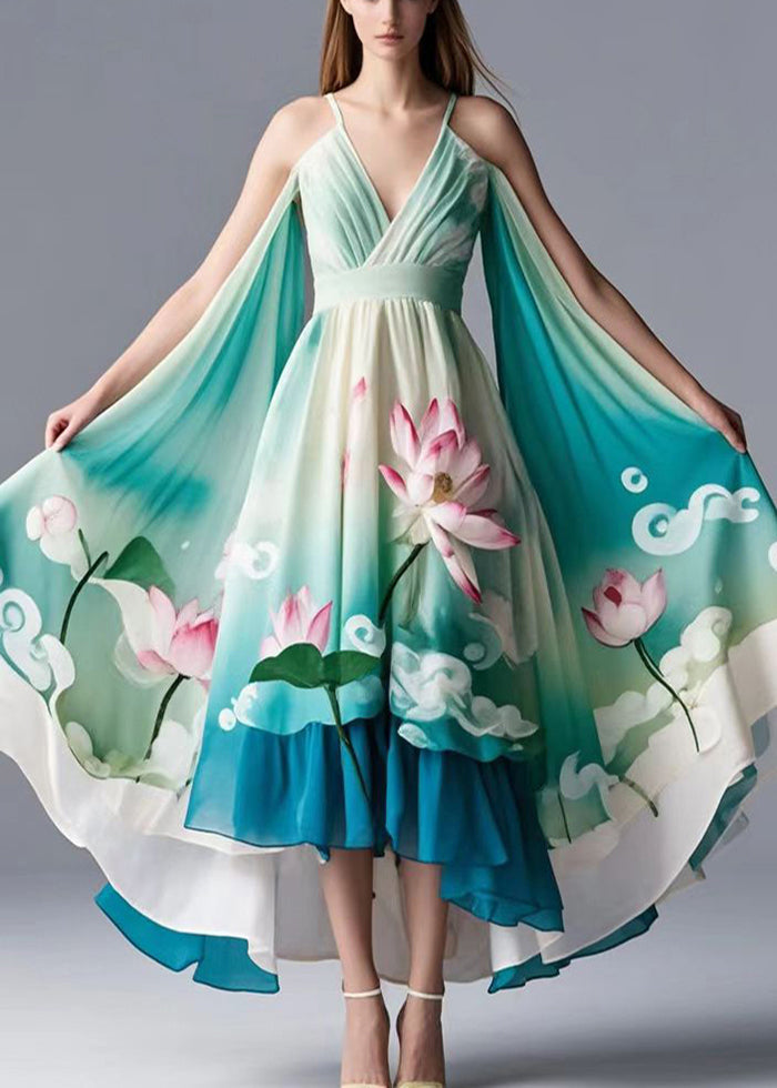 Original Design Green Cold Shoulder Lotus Print Chiffon Dress Summer