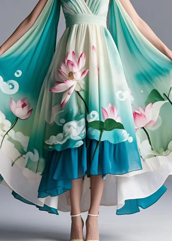 Original Design Green Cold Shoulder Lotus Print Chiffon Dress Summer