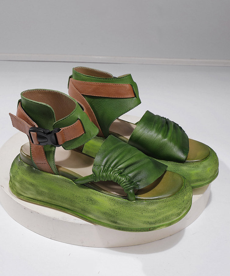 Original Design Green Cowhide Leather Platform Sandals Peep Toe