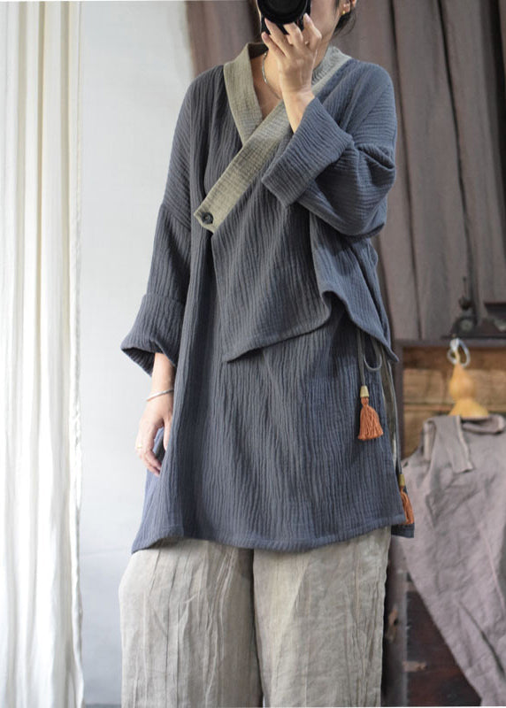 Original Design Grey V Neck Tassel Lace Up Cotton Coat Spring