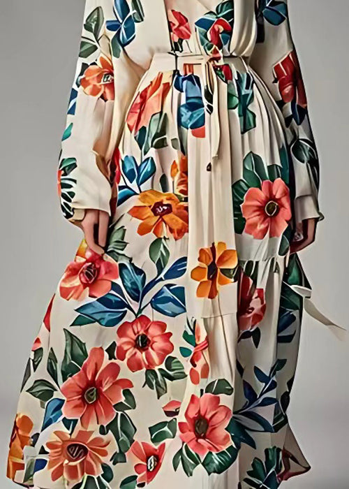 Original Design Khaki V Neck Print High Waist Cotton Dress Fall