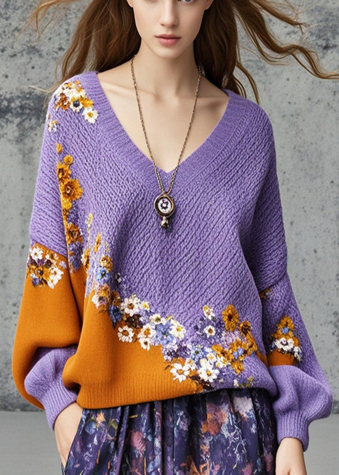 Original Design Purple Oversized Patchwork Knit Cozy Sweater Fall