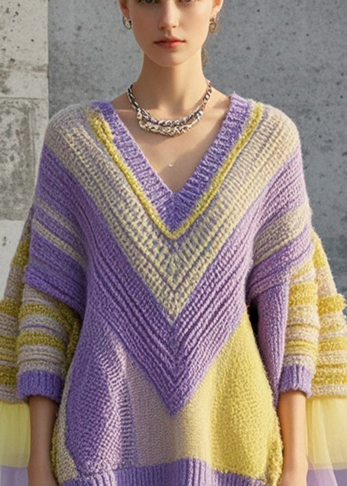 Original Design Purple Oversized Patchwork Knit Dress Fall