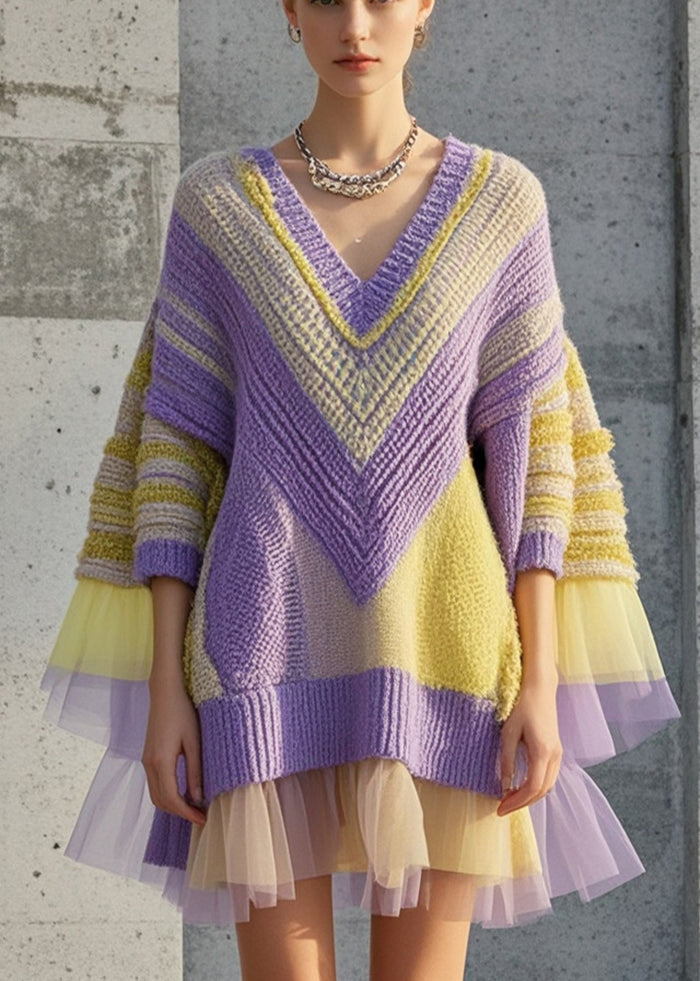 Original Design Purple Oversized Patchwork Knit Dress Fall