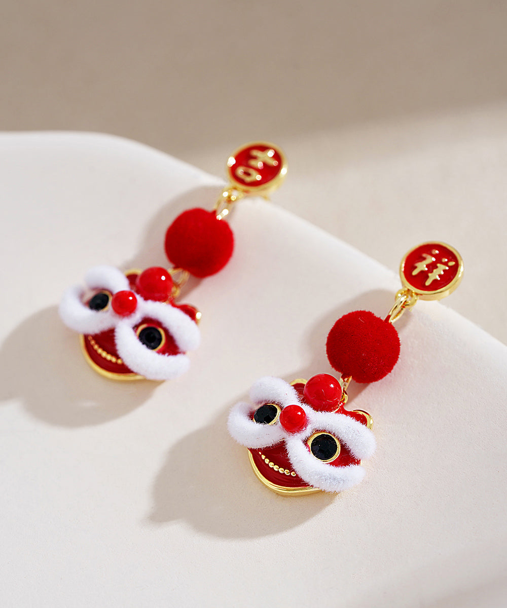 Original Design Red Copper Orange Silk Velvet Lion Dance Drop Earrings