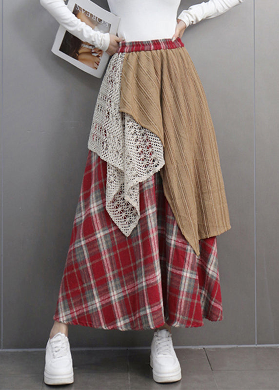 Original Design Red Plaid Elastic Waist Patchwork Maxi Skirt Spring