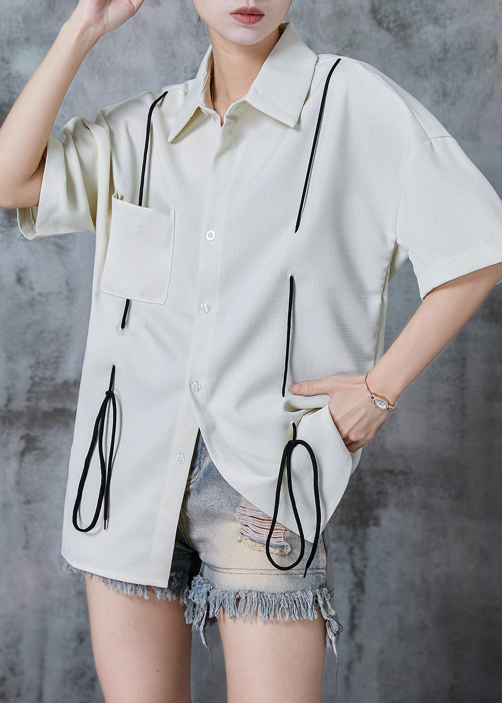 Original Design White Oversized Drawstring Cotton Shirt Summer