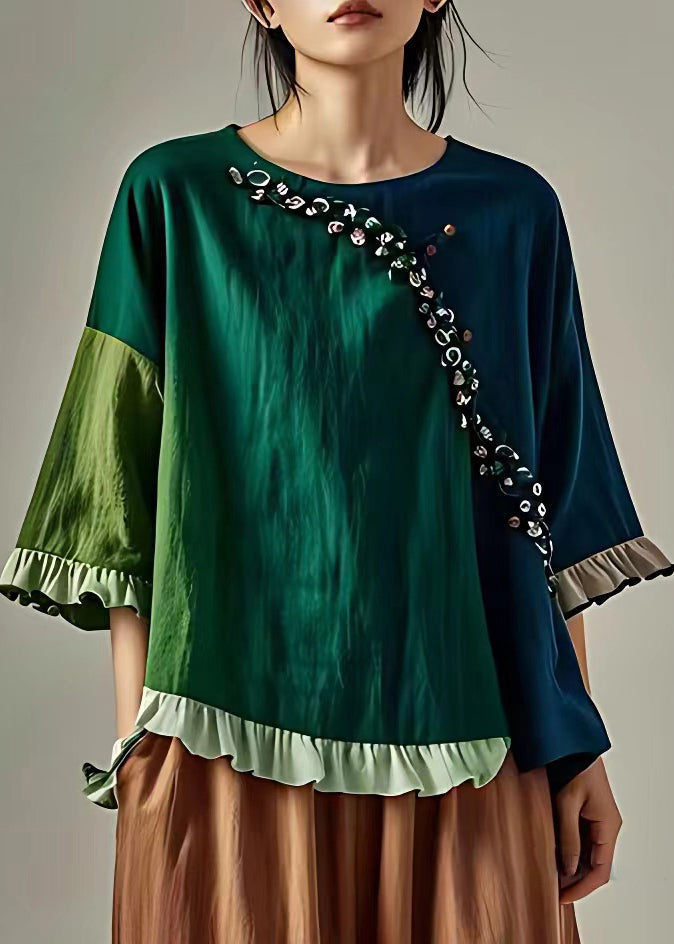 Original Green Ruffled Patchwork Linen Shirt Butterfly Sleeve