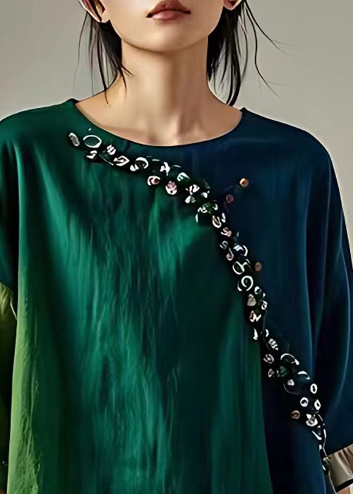 Original Green Ruffled Patchwork Linen Shirt Butterfly Sleeve