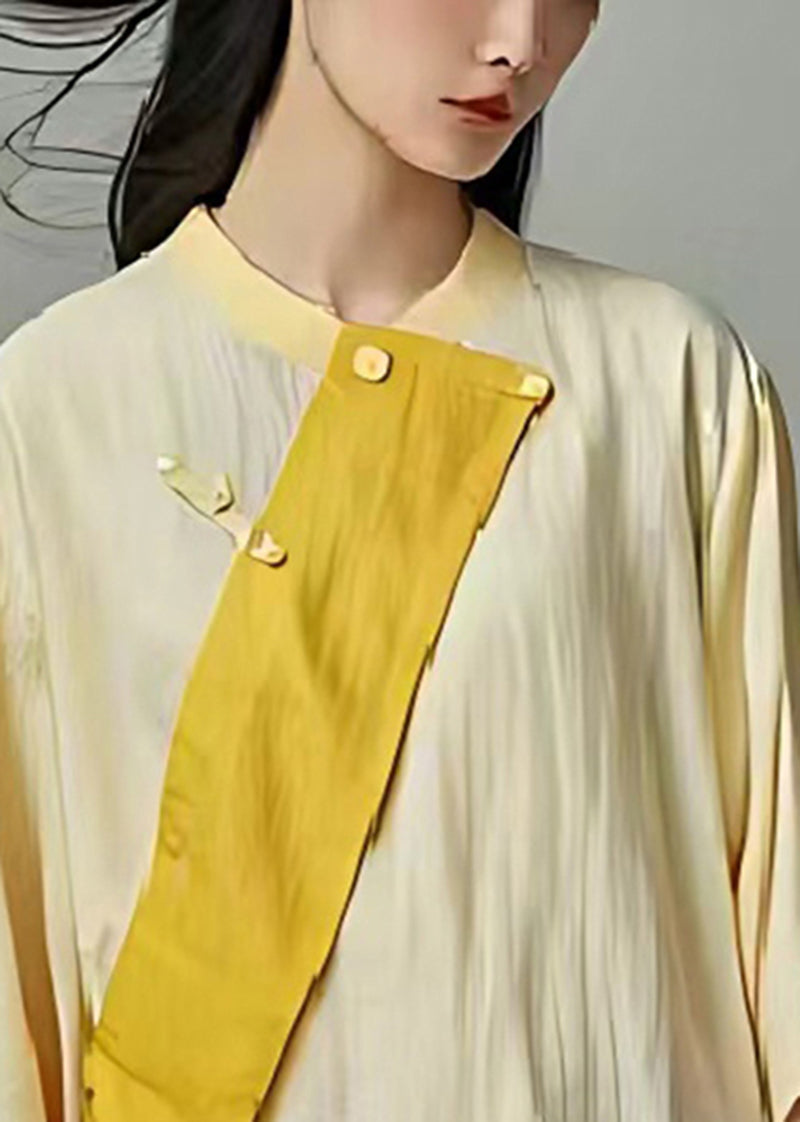 Original Light Yellow Asymmetrical Patchwork Linen Mid Dress Summer