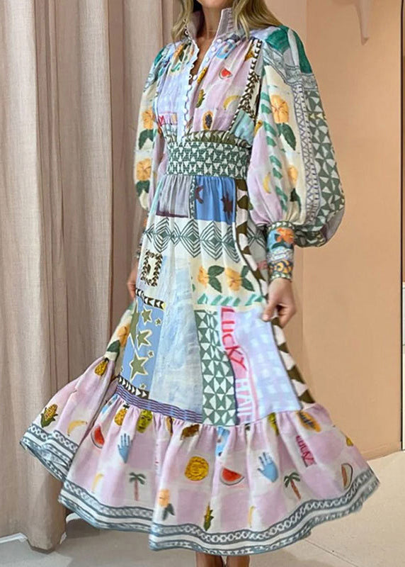 Original Print Button High Waist Cotton Long Dresses Lantern Sleeve