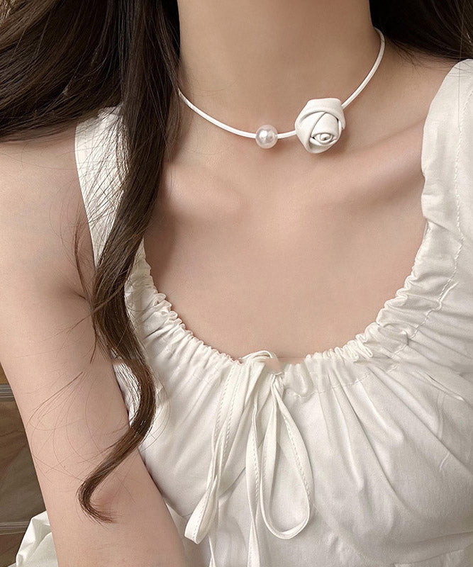 Original Silk Stainless Steel PU Pearl Rose Pendant Necklace