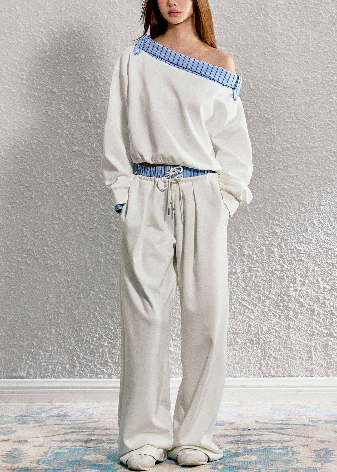 Original Striped Lapel Sloping Shoulder Sweatshirt And Pants Set Spring