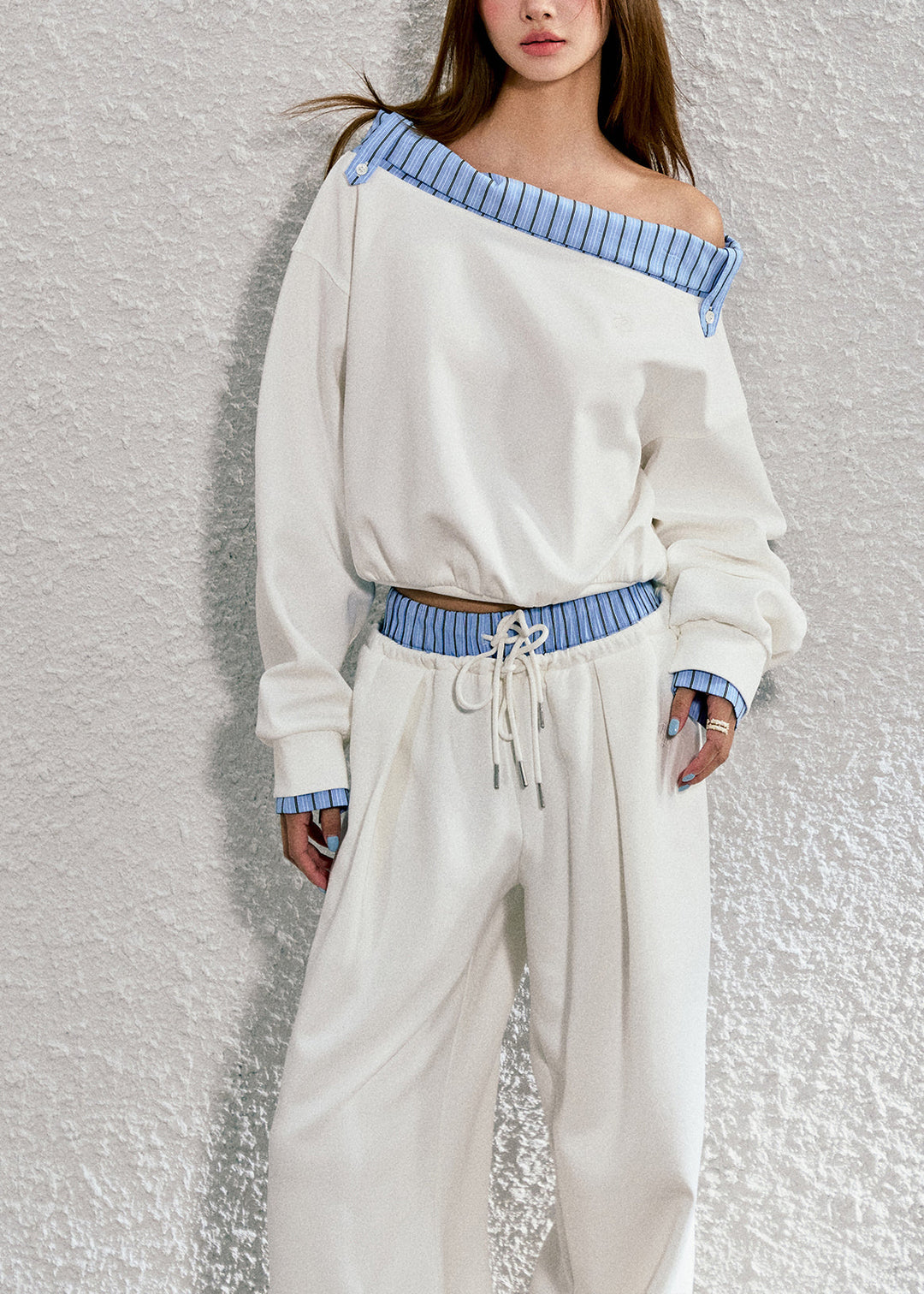 Original Striped Lapel Sloping Shoulder Sweatshirt And Pants Set Spring