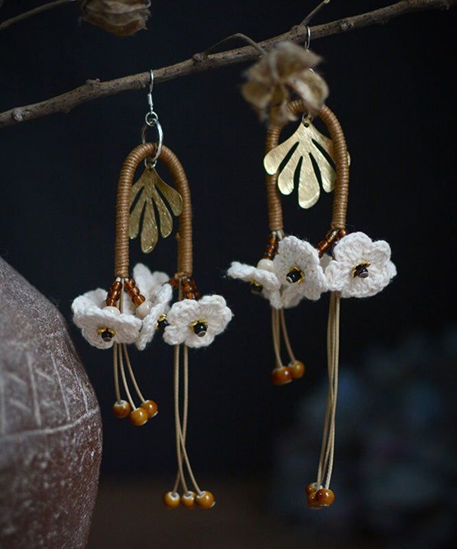 Original White Sterling Silver Handmade Weaving Floral Tassel Drop Earrings