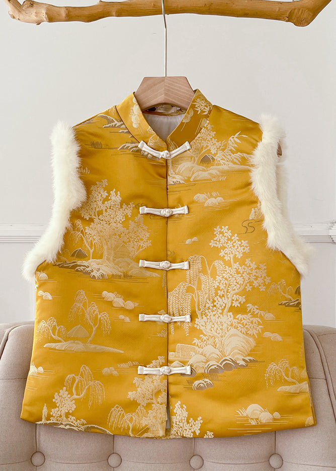 Original Yellow Button Fluffy Silk Sleeveless Waistcoat Stand Collar