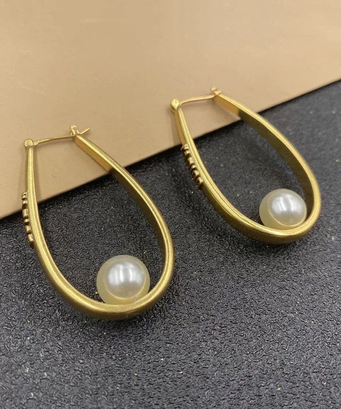 Oversize Gold Copper Overgild Elliptical Pearl Letter Hoop Earrings