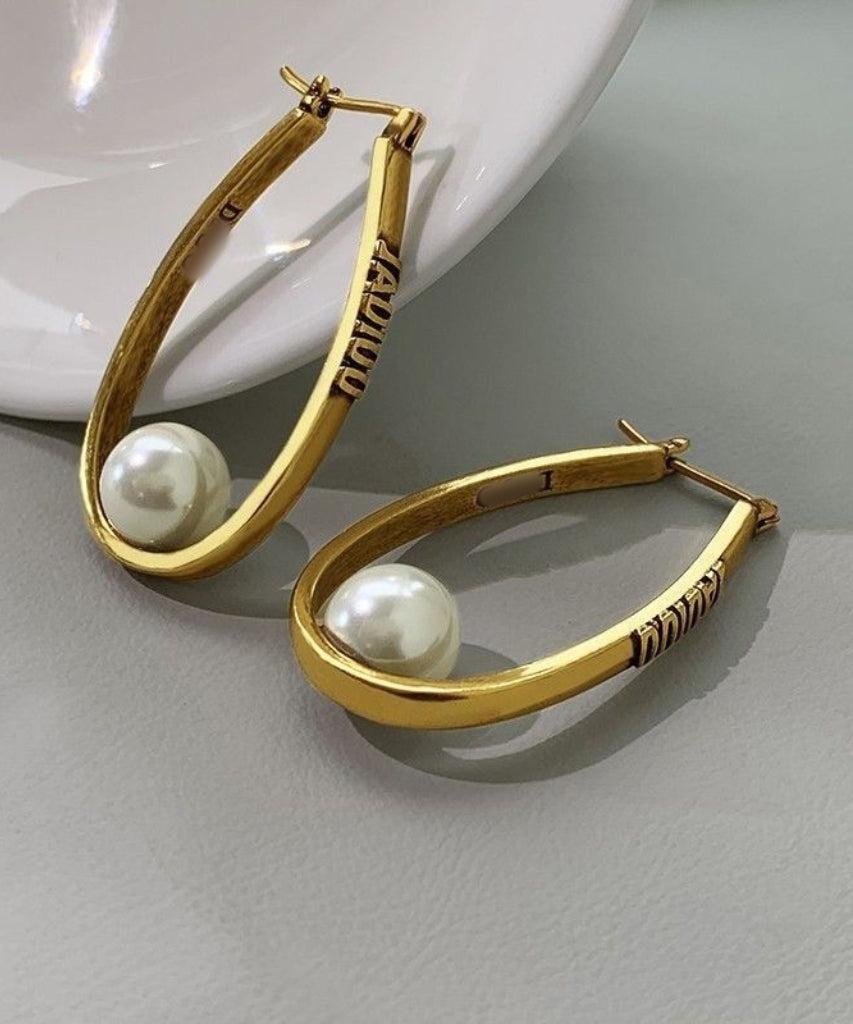 Oversize Gold Copper Overgild Elliptical Pearl Letter Hoop Earrings