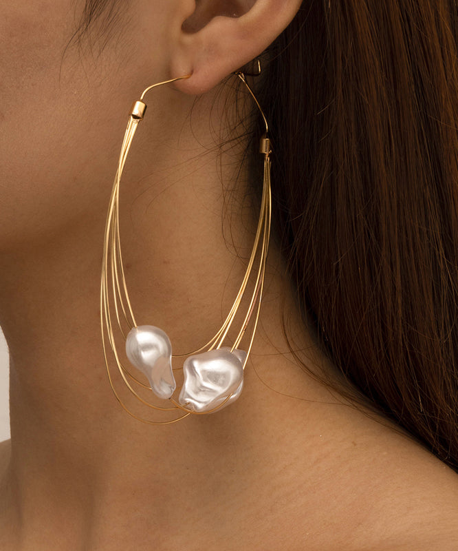 Oversize Gold Multi Layer Metal Pearl Drop Earrings