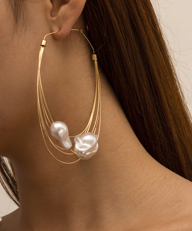 Oversize Gold Multi Layer Metal Pearl Drop Earrings