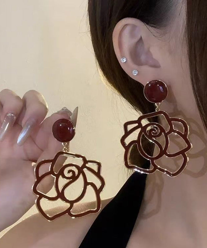 Oversize Red Alloy Resin Hollow Out Floral Drop Earrings