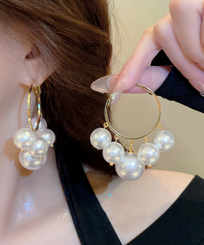 Oversize White Metal Alloy Pearl Hoop Earrings