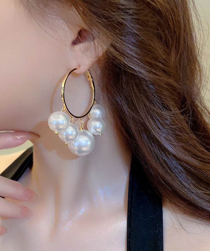 Oversize White Metal Alloy Pearl Hoop Earrings