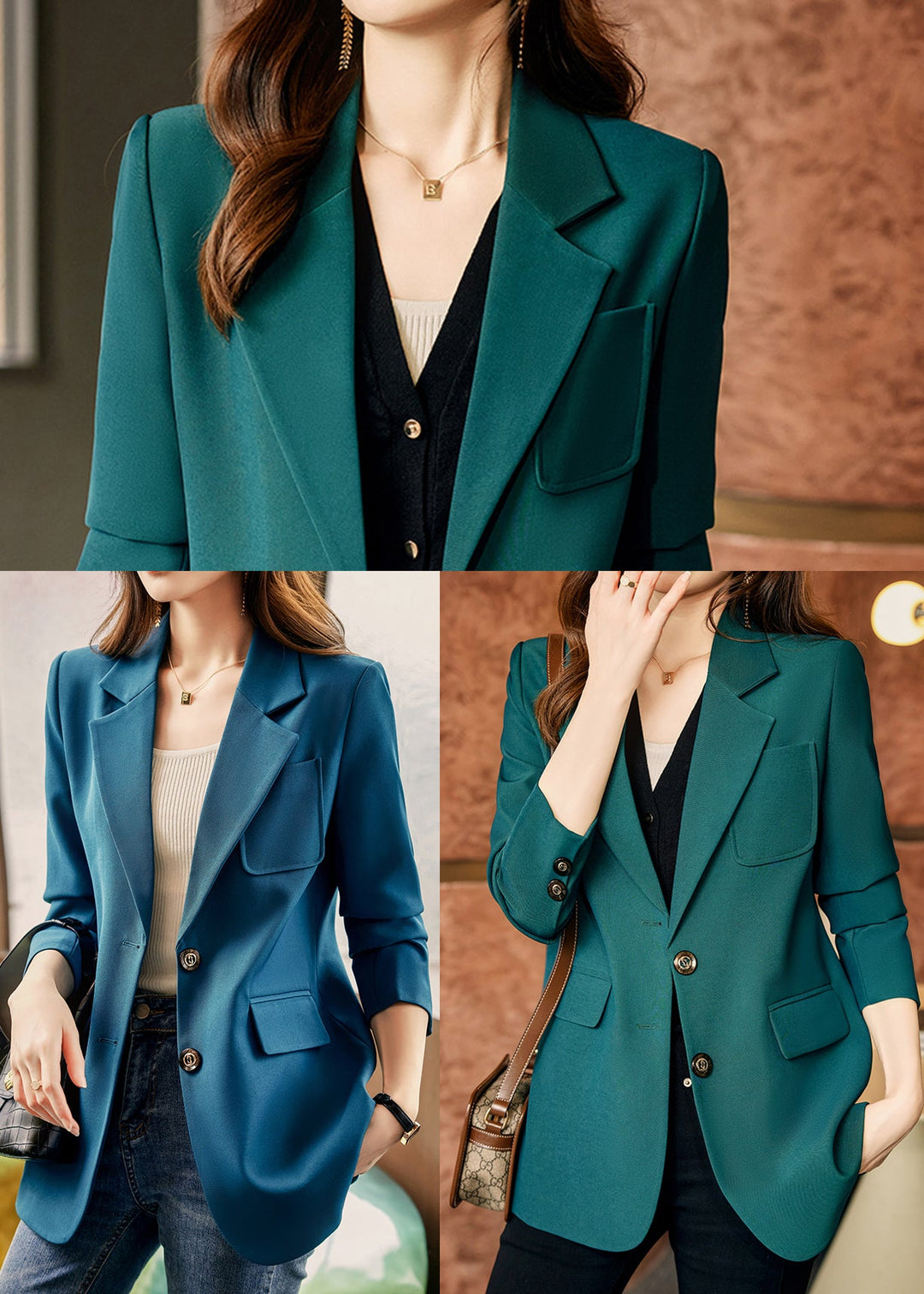 Peacock Blue Patchwork Coat Outwear Peter Pan Collar Spring