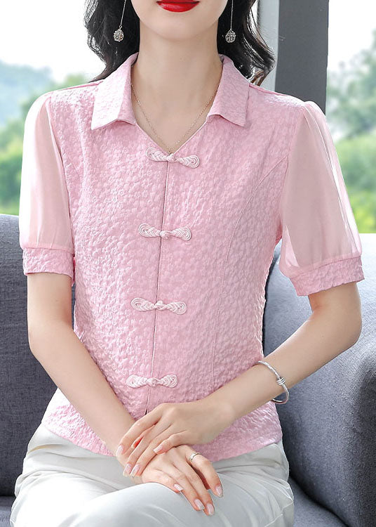 Pink Chiffon Shirts Tops Peter Pan Collar Chinese Button Summer