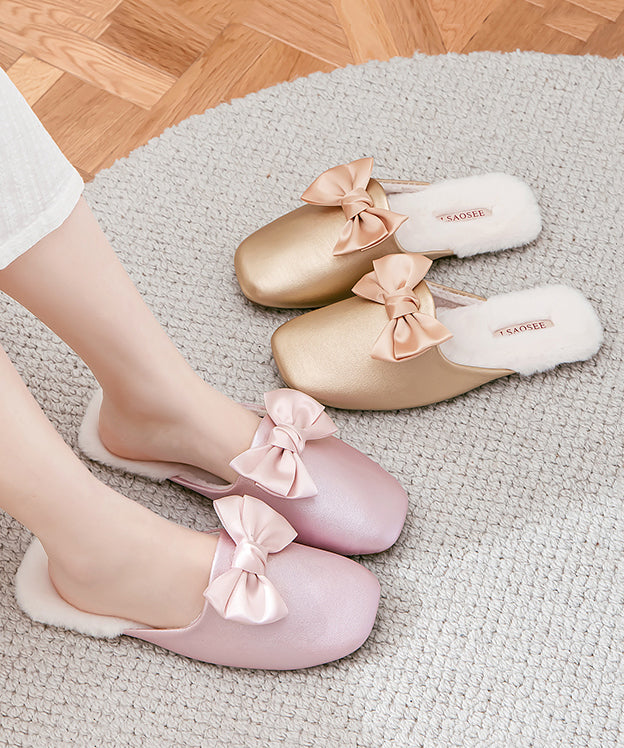 Pink Comfy Faux Leather Slippers Shoes Splicing Bow