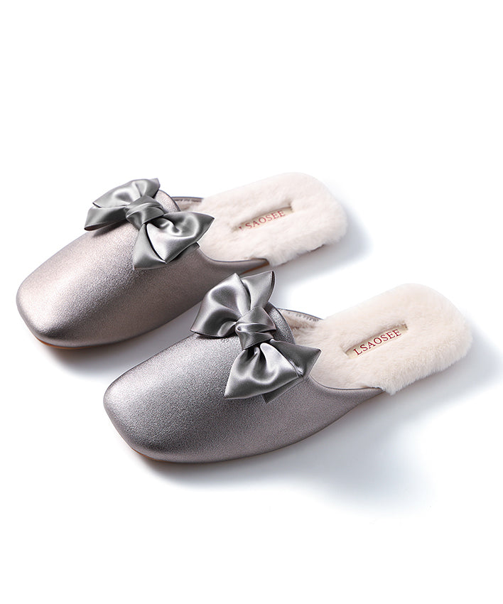 Pink Comfy Faux Leather Slippers Shoes Splicing Bow