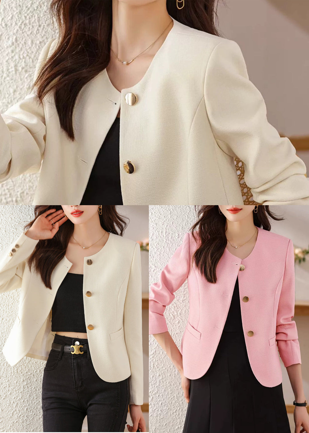 Pink Cotton Short Coats Metal Buttons Spring