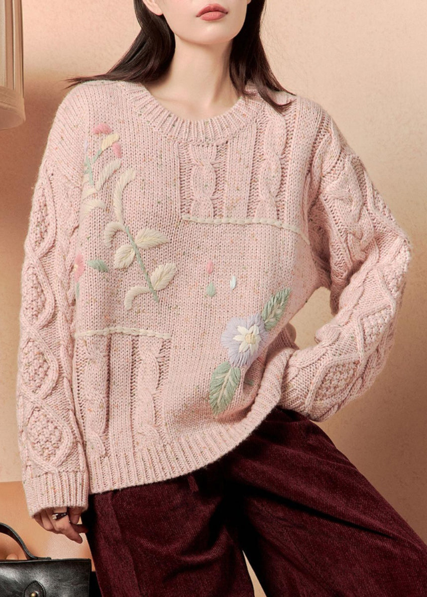 Pink Embroidered Loose Knit Sweater O-Neck Spring