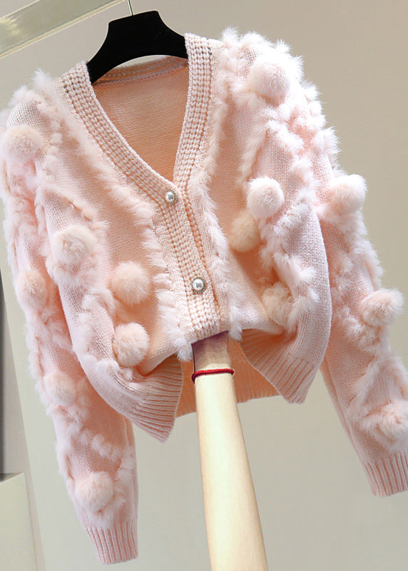 Pink Fuzzy Ball Decorated Cotton Knitted Sweater Long Sleeve