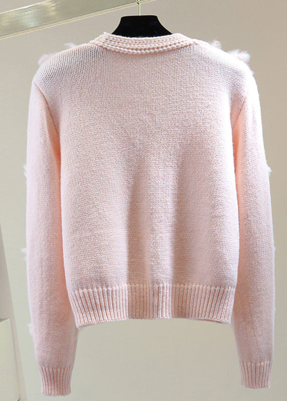 Pink Fuzzy Ball Decorated Cotton Knitted Sweater Long Sleeve