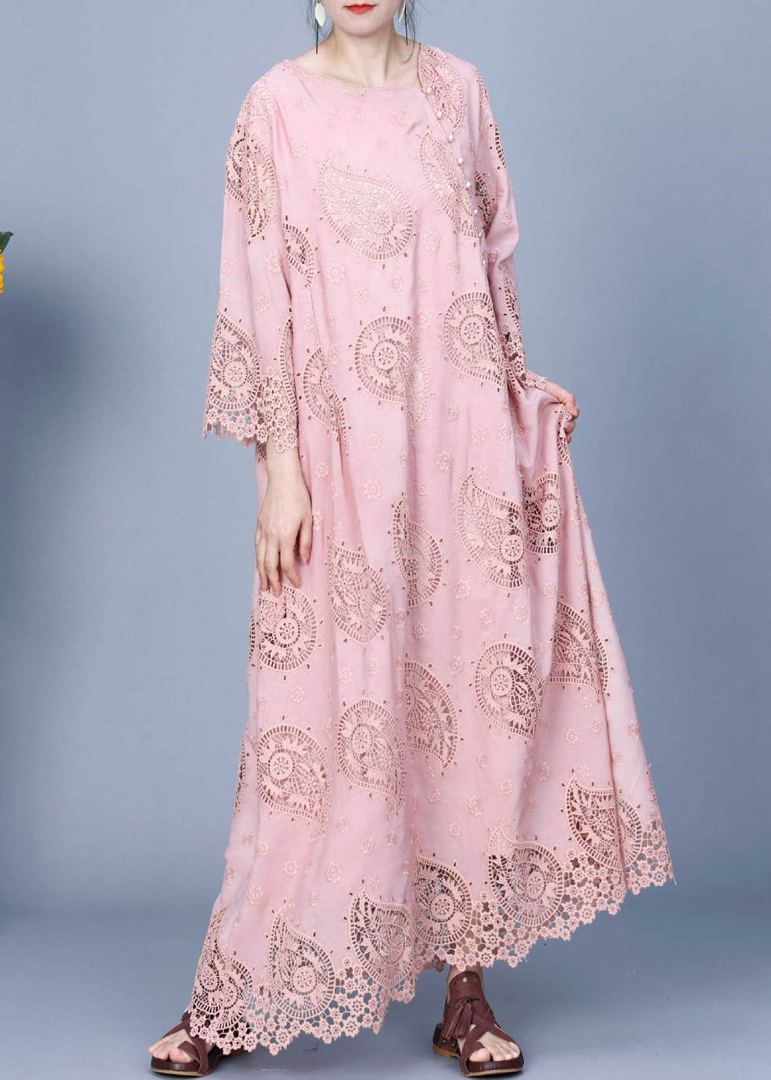 Pink Hollow Out Pockets Cotton Long Dresses Asymmetrical Spring