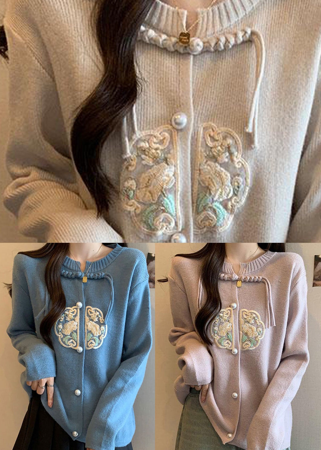 Pink Knit Coats Button Tassel Embroidered Fall