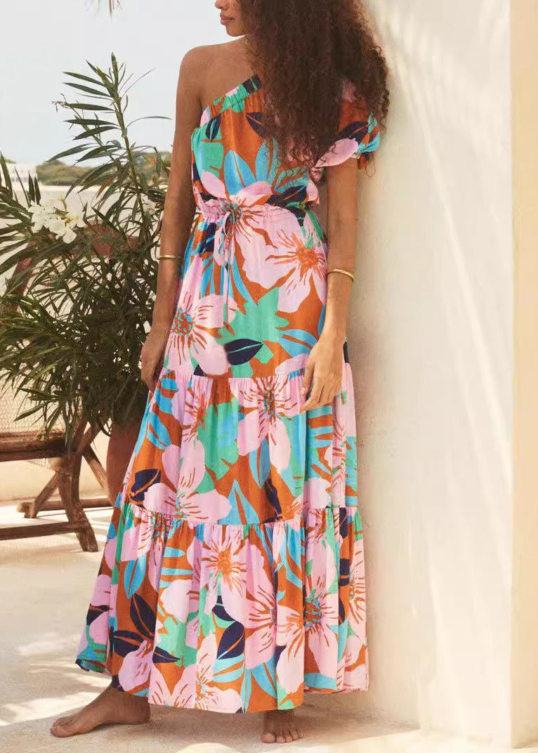 Pink Lace Up Cotton Long Dresses One Shoulder Summer