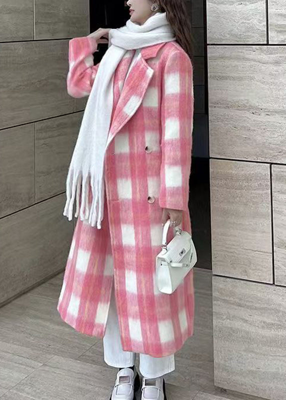 Pink Notched Tie Waist Maxi Woolen Coat Long Sleeve