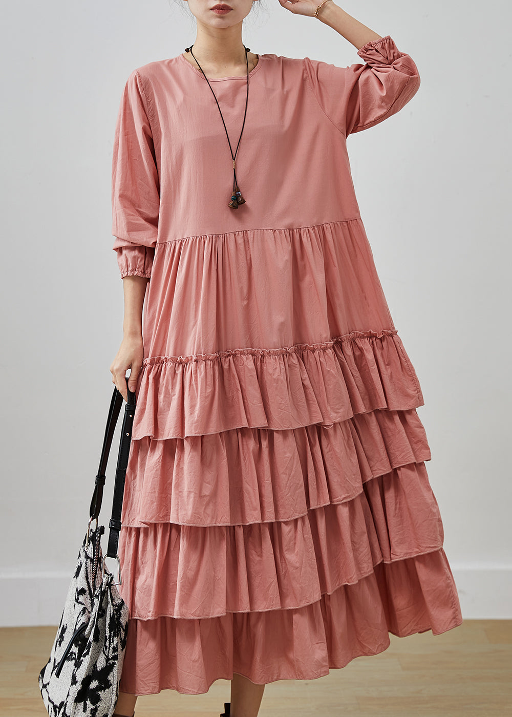 Pink Oversized Cotton Holiday Dress Layered Ruffles Spring